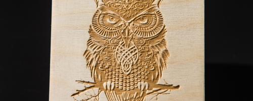 gravure sur bois de hibou centrée sur une plaque de bois carré clair
